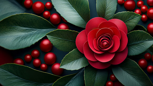Exquisite close-up of deep red layered paper flower adorned with lush dark green foliage and scattered glossy scarlet berries against midnight background