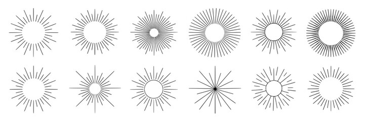 Fototapeta premium Sunburst set with varying line styles and densities in monochrome illustrations featuring illustration, graphic resources, design elements with abstract and dynamic elements for radial, burst