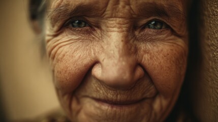Obraz premium Close-Up Portrait of Elderly Woman with Expressive Wrinkles, Warm Smile, and Natural Skin Tone Against Soft Background for Emotional Connection and Stories