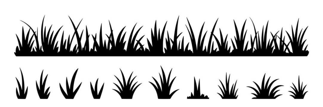 Grass silhouettes set with various black shapes and sizes featuring plants, foliage, nature with landscape and design elements for graphics, vector projects, clean composition on simple background