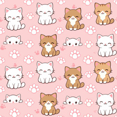 Obraz premium Adorable Cat Seamless Background – Chibi Style Smiling Kittens with Paw Prints on Soft Pink, Cute Flat Illustration