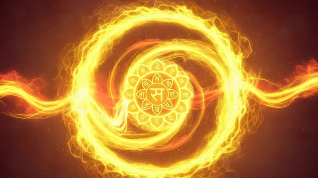 Abstract fiery solar plexus chakra symbol with swirling energy and Sanskrit mantra.