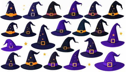 Naklejka premium Collection of assorted witch hats with decorations.
