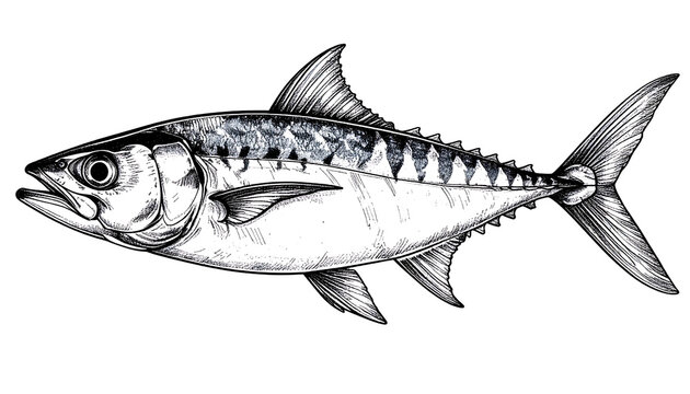 Detailed hand-drawn illustration of a mackerel in a vintage engraved style, featuring realistic patterns and fins.