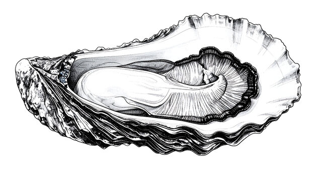 Classic ink illustration of a fresh oyster on the half shell, featuring intricate textures and realistic details in a vintage engraving style.