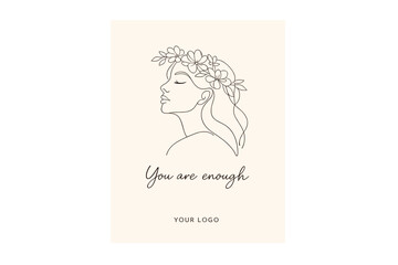 Obraz premium Minimalist line art woman portrait with floral crown and inspirational quote You are enough, elegant feminine illustration for self love, wellness branding, posters, wall art and logo design