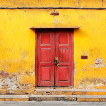 yellow wall with old red jaipur style door