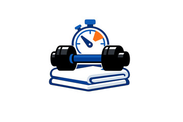 Weightlifting and timing represent a focus on fitness and exercise in a simple design showing a barbell and stopwatch on towels