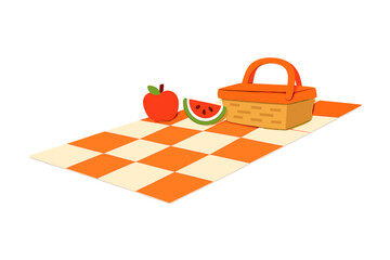 Picnic setup on checkered blanket with food items and basket for outdoor gathering in a sunny environment