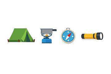 Camping essentials for an outdoor adventure with a tent, camping stove, compass, and flashlight in a simple setup