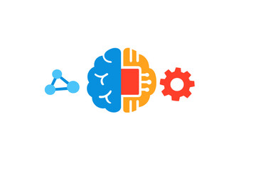 Obraz premium Design shows a brain divided into sections with a circuit pattern, a gear icon, and a connection symbol, representing the interaction of technology and intelligence in modern systems