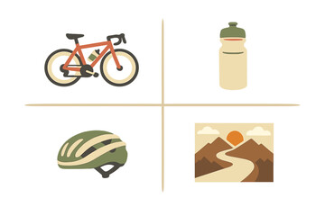 Cycling gear and scenic view of mountains with a sunset and road