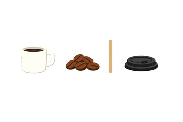 Cup of coffee with coffee beans and stir stick on a clean background in a kitchen setting during the morning hours