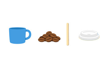 Blue cup sits next to a pile of coffee beans with a wooden stir stick and a white lid placed alongside them on a neutral background