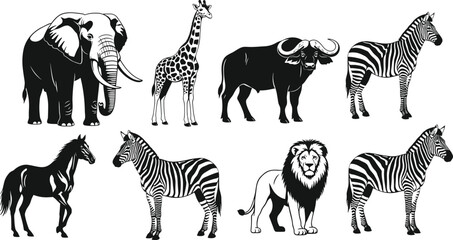 Obraz premium Set of African safari animal silhouettes, elephant giraffe zebra lion buffalo and horse vector illustrations collection, wild zoo nature design elements isolated.