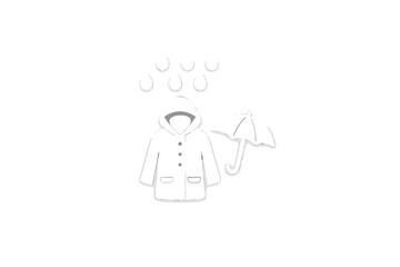 Rain falling on a raincoat and an umbrella with drops above them highlighting a wet weather scene