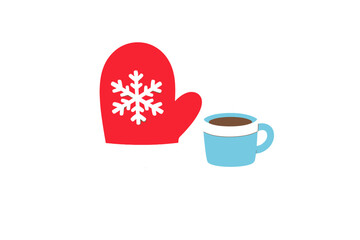 Red mitten with snowflake design next to a blue cup of hot beverage on white background during winter season