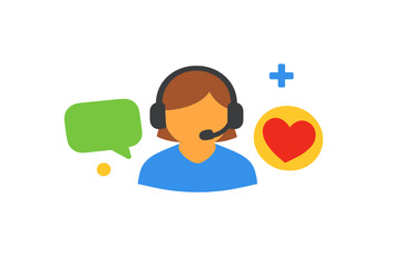 Customer support agent providing help with chat bubble and heart symbol in a simple digital design