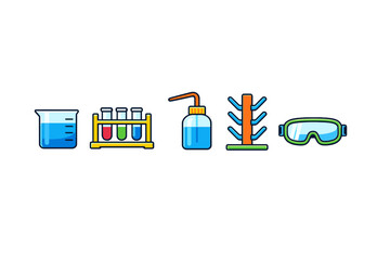 Laboratory scene showing science tools with beakers, test tubes, wash bottle, rack, and protective goggles in a clean space