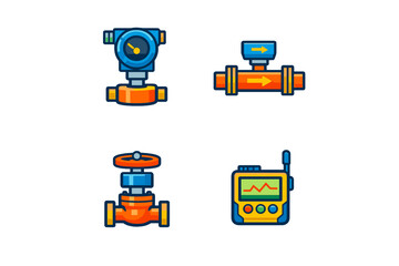 Several types of industrial valves and measuring devices shown in a simple design, arranged in a grid layout with different colors and shapes