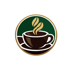 Obraz premium Flat vector logo style coffee cup illustration with steam in circular badge, hot beverage icon isolated on white background