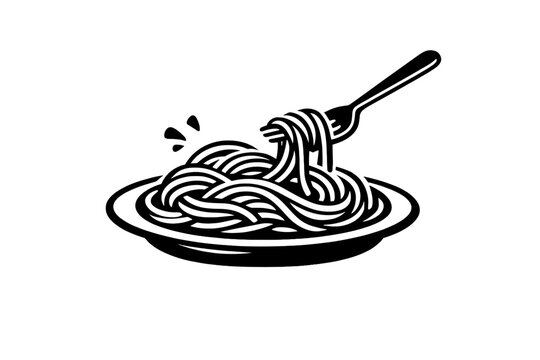 Hand drawn black line style spaghetti illustration with fork and plate, Italian pasta food icon isolated on white background