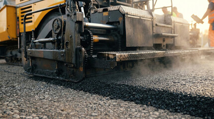 Asphalt Paving Machine Releasing Hot Asphalt on Road Construction