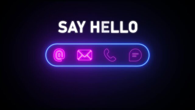 Neon say hello icons with glowing text on dark background communication
