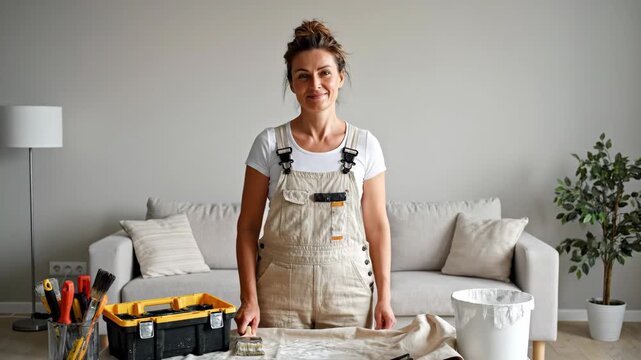 Happy woman in overalls giving thumbs up during home renovation. Female painter with tools and paintbrush smiling after DIY work. Home improvement concept