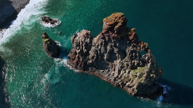 Famous rock formation in Madeira islands., Portugal. Name is  Ilheus da Ribeira da Janela