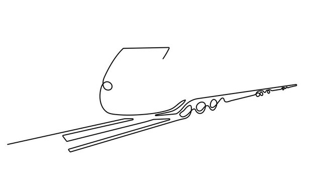 Animated self drawing of continuous one line bullet train speeding on the tracks carrying passengers, Affordable public transportation. Full length single line animation.  4K video