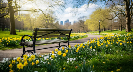 Naklejka premium Serene Park Scene with Bench, Daffodils, and City Skyline on a Sunny Day