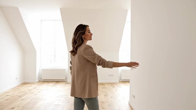 Woman inspecting an empty apartment with wooden floors. New homeowner viewing a bright room with slanted ceilings. Real estate concept