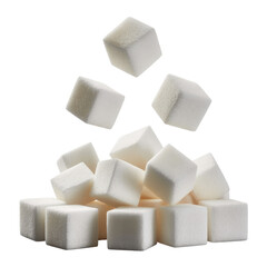 White Sugar Cubes Falling and Stacked Isolated on Black Background Sweet Food Ingredient and Health Concept
