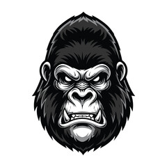 Illustration of a gorilla's angry face with detailed fur and sharp teeth on a white background.