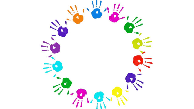 A vibrant and dynamic circle of multi-colored handprints, symbolizing diverse communities, unity, and collaborative spirit, perfect for themes of inclusion and shared creativity