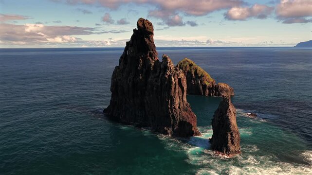 Famous rock formation in Madeira islands., Portugal. Name is  Ilheus da Ribeira da Janela