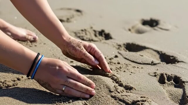 Close-up of hands sifting sand on a beach with bracelets