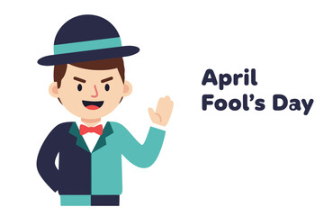 April Fool's Day Illustration: A stylized cartoon character, dressed in a whimsical suit and hat, waves with a mischievous grin. Celebrating the spirit of jest and playful trickery.