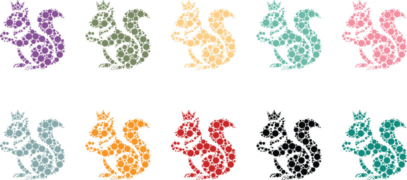 Colorful dot art squirrel silhouettes wearing crowns, Playful squirrel circle art animal collection
