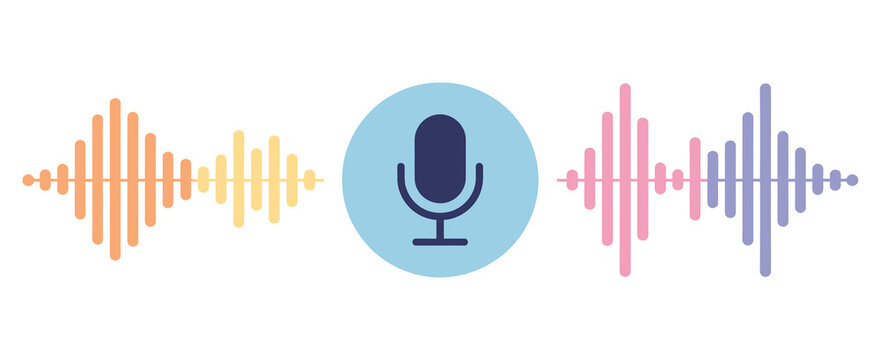 Microphone icon with sound waves, audio voice recognition, recording voice message sign for ranked podcasting graphics,