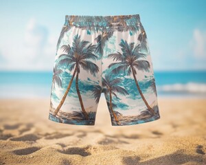 Palm tree print swim trunks displayed on a sandy beach.