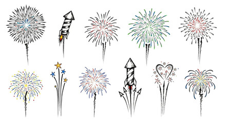 Obraz premium Colorful Fireworks Illustrations in Various Shapes and Sizes