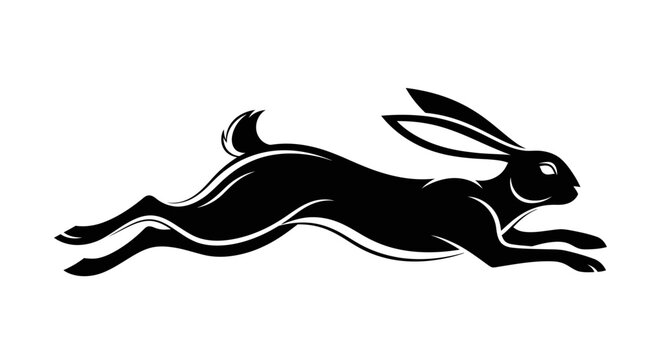 Silhouette of a black rabbit running quickly, symbolizing speed and agility, isolated white background.