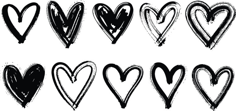 Hand-drawn sketchy hearts, black and white grunge texture graphic design