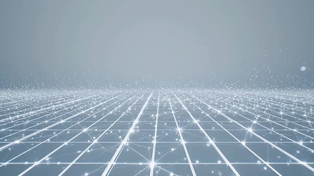 Futuristic digital grid on white background, animated data lines and tiny floating dots, soft light flickers, sleek tech motion graphics, seamless 4K loop, modern digital aesthetic.
