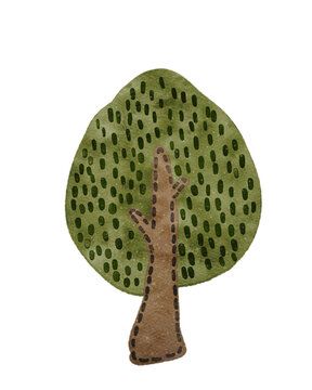 Hand-painted watercolor oval green tree with decorative dash patterns and stitched trunk detail on white background