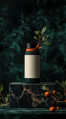 Dark bottle with a blank label, set on a marble pedestal, amongst foliage.
