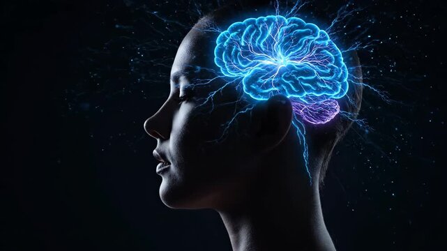 Human Silhouette with Blue Glowing Brain: Mental Health and AI Concept, overthinking