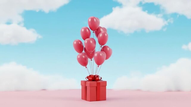 Red gift box with heart balloons floating against a sky background